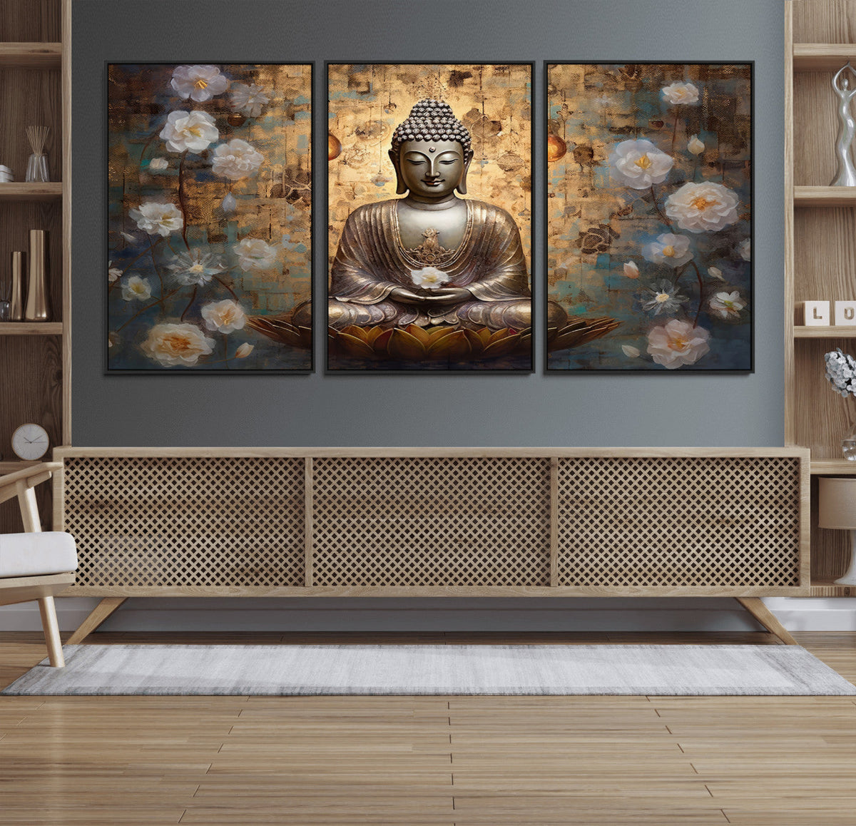 Golden Buddha Wall Art Canvas Print | Zen Meditation Floral