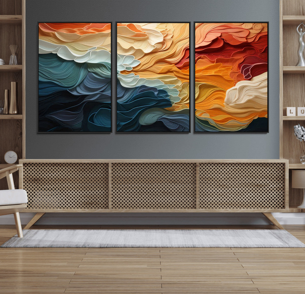 Blue Orange Abstract Wave Wall Art Canvas Print, Framed Blue
