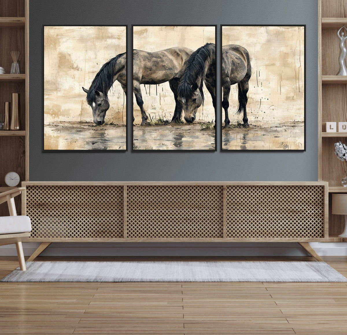 Chinese Style Abstract Black Horses Wall Art Canvas Print -