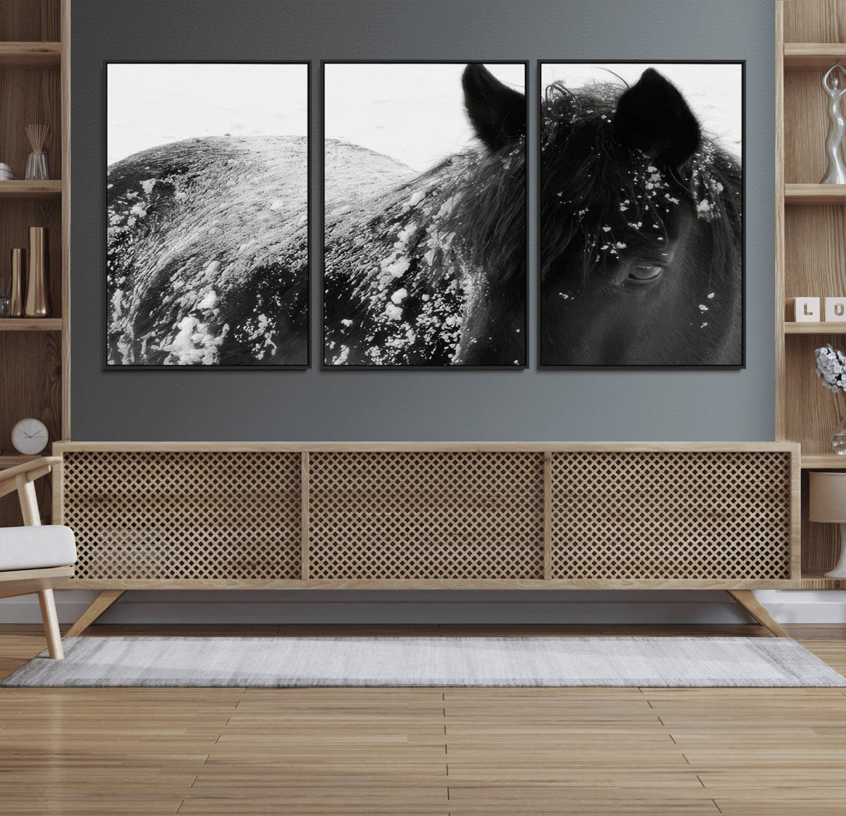 Black Horse in Snow Canvas Print | Winter Horse Wall Art |