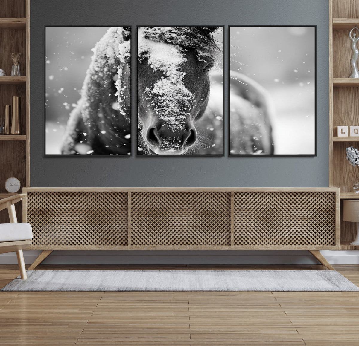 Black and White Horse Winter Wall Art | Ready to Hang and
