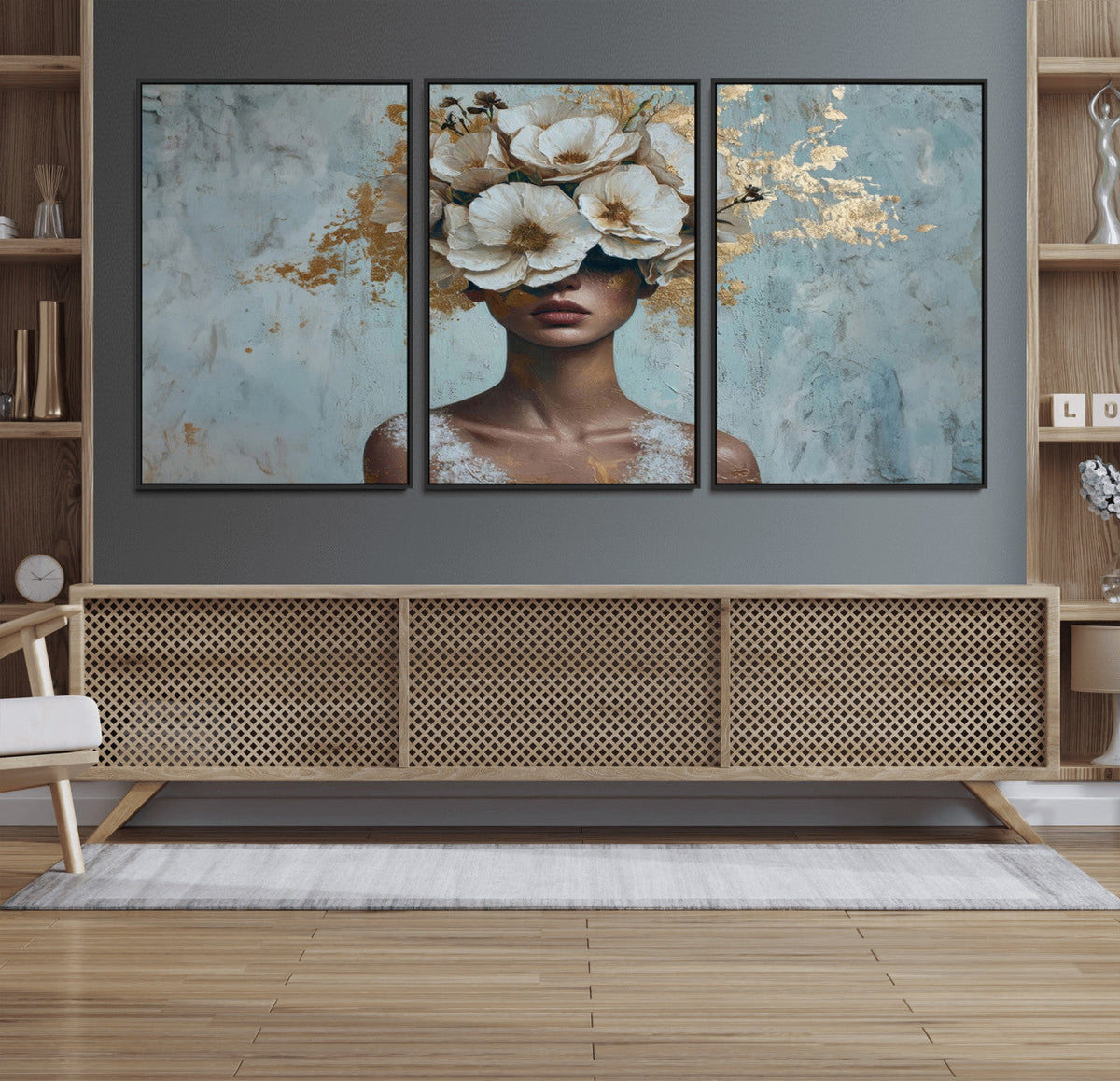Golden Petal Wall Art - Petal Silhouette Woman Wall Art