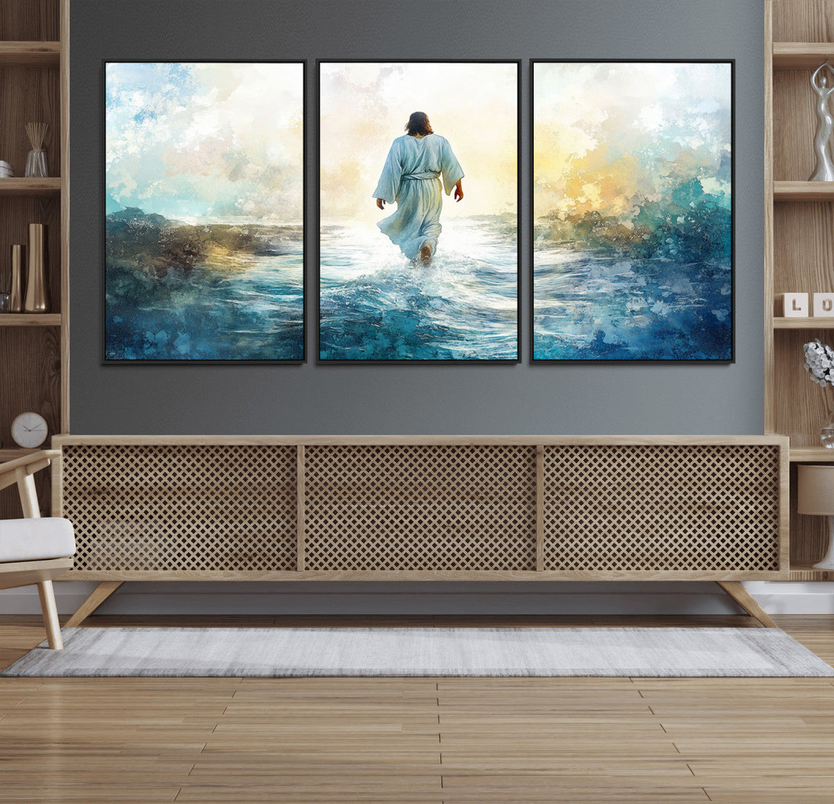 Watercolor Jesus Walking on Water Canvas Print, Christian