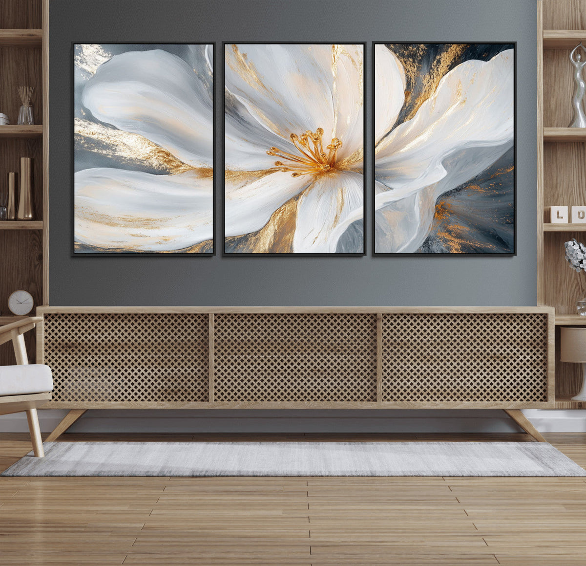 White and Gold Floral Canvas Wall Art - Framed and Ready to