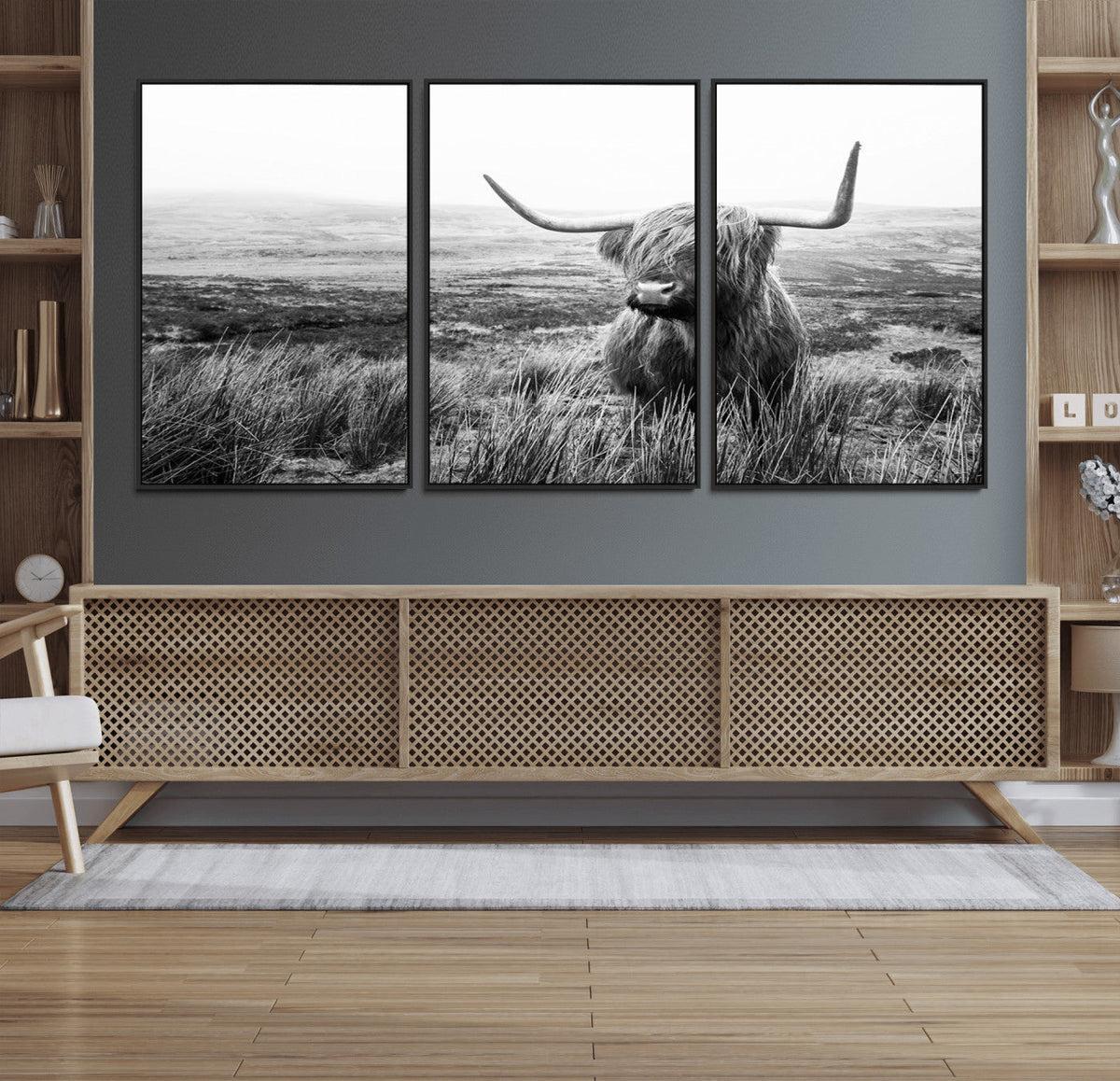 Scottish Highland Cow Wall Art | Black and White Canvas