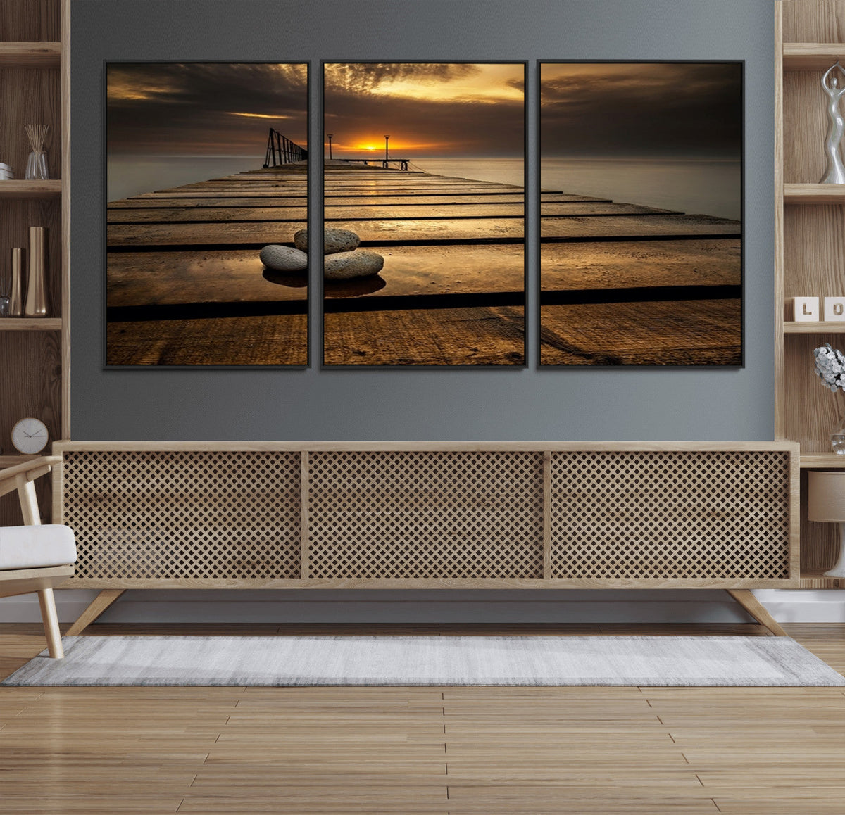 Stones on Wooden Pier at Sunset Canvas Print, Serene Coastal