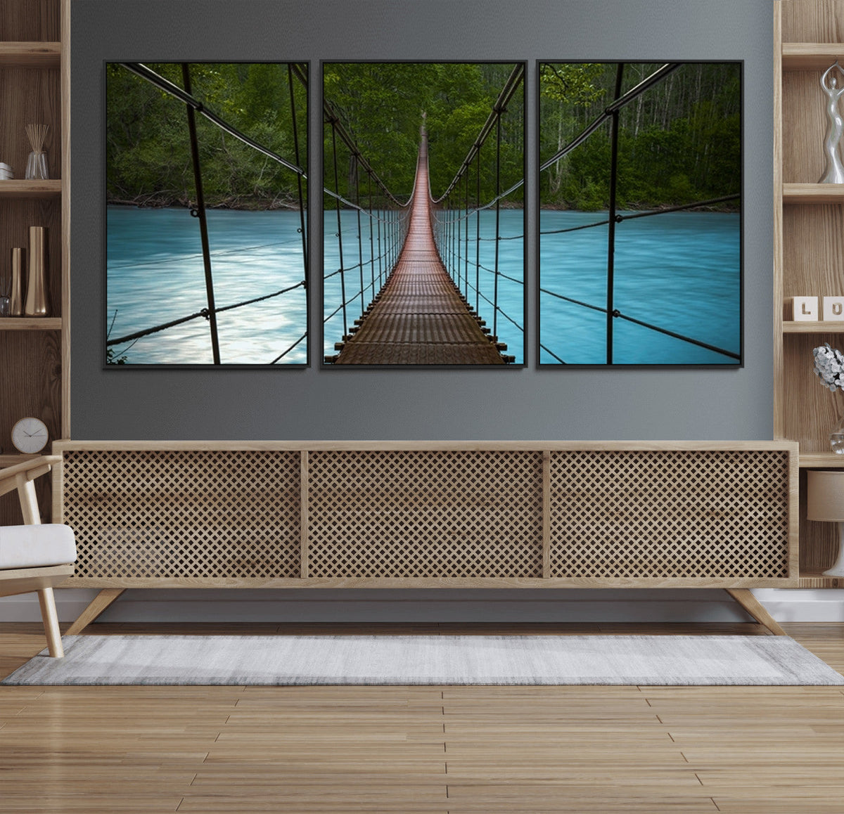Suspension Bridge Over River Canvas Art | 3-Panel Nature
