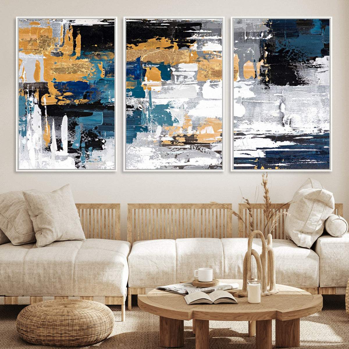Blue and Gold Abstract Canvas Wall Art – Triptych Modern