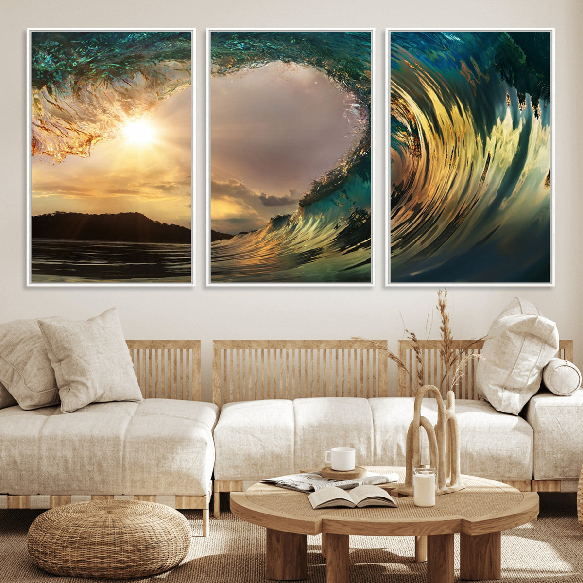 Golden Wave Sunset Canvas Print – Large Coastal Wall Art for