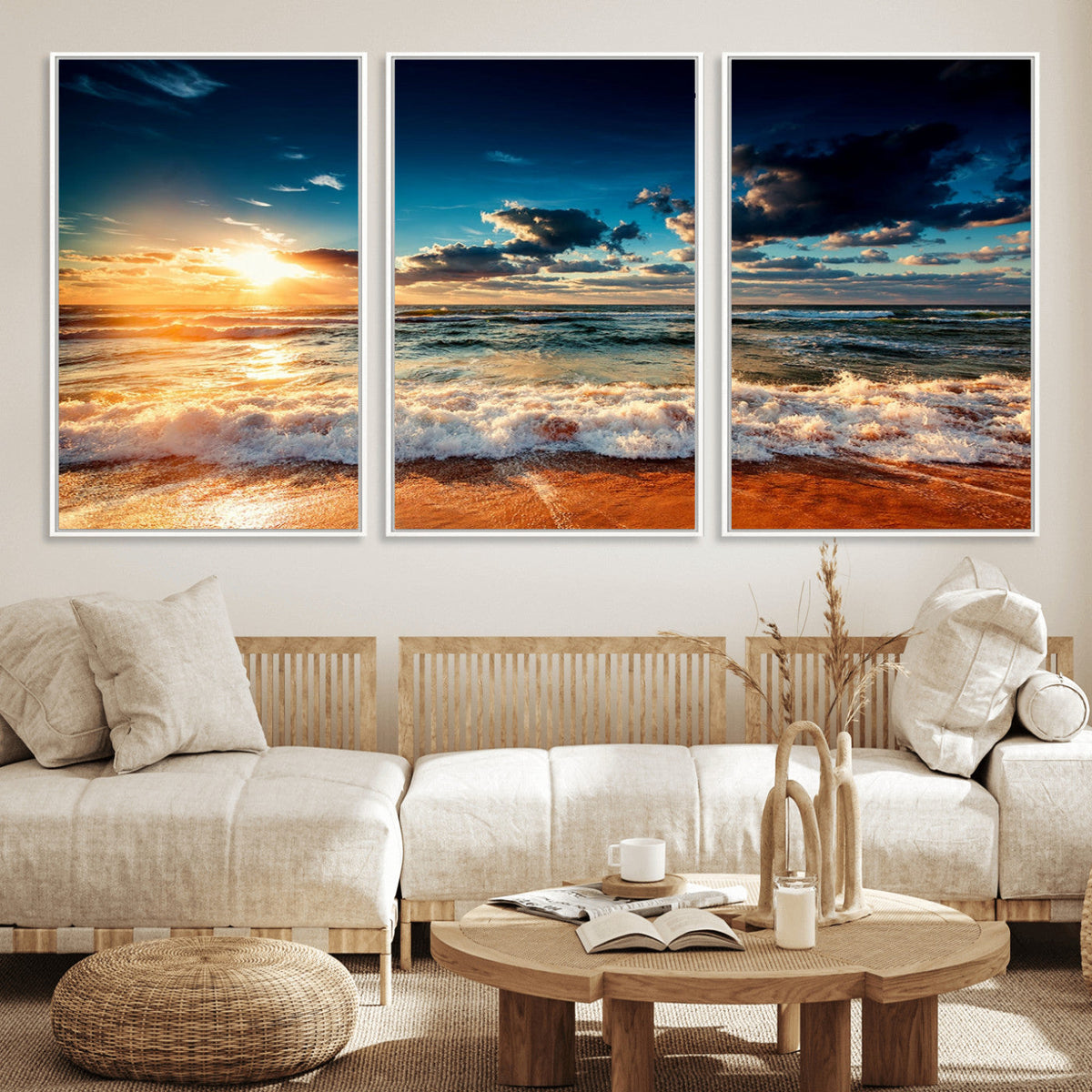 Golden Hour Sunset Over Ocean Waves Wall Art Canvas Print |