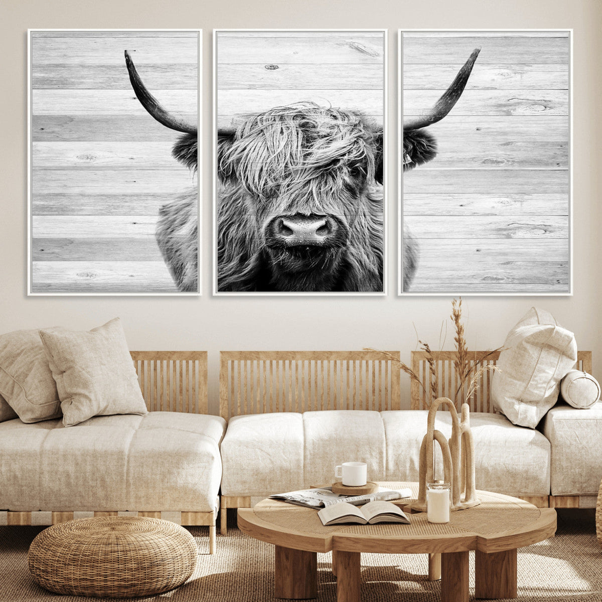 Scottish Highland Cow Cattle Art Print on Wood Background