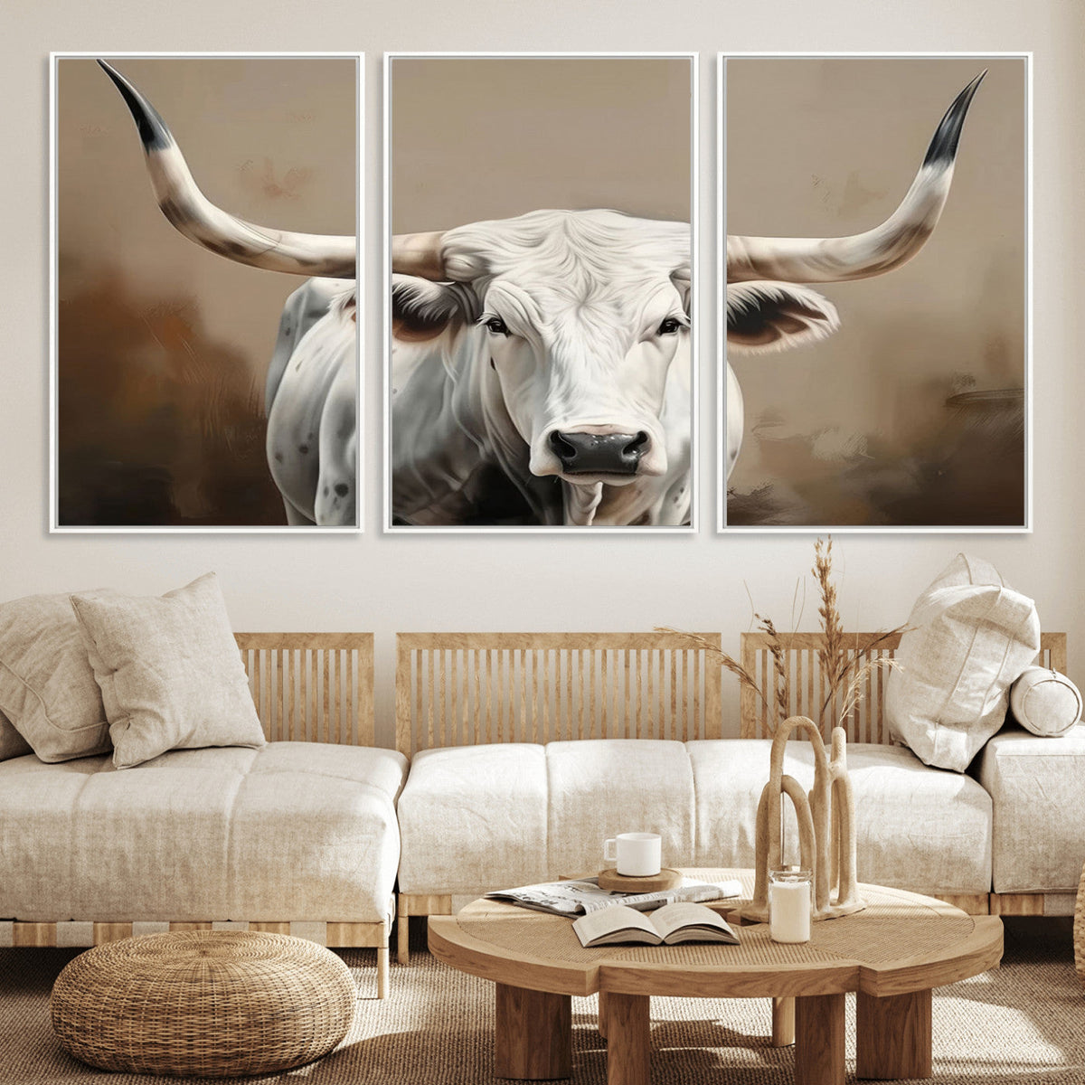 White Longhorn Bull Wall Art Canvas Print – Framed and Ready