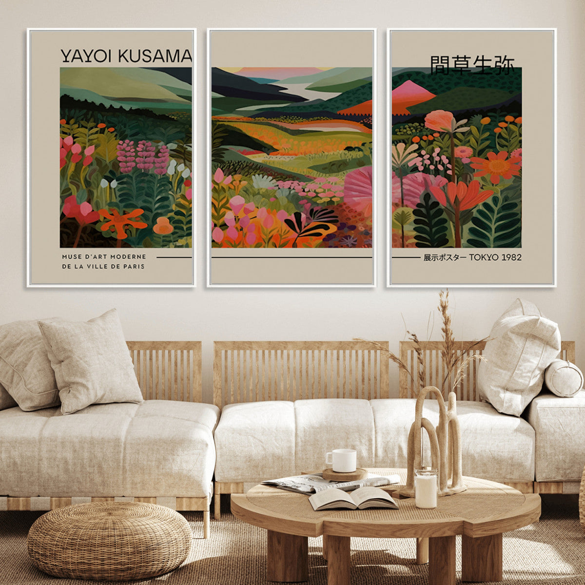 Yayoi Kusama Landscape Canvas Print, Vibrant Floral Mountain