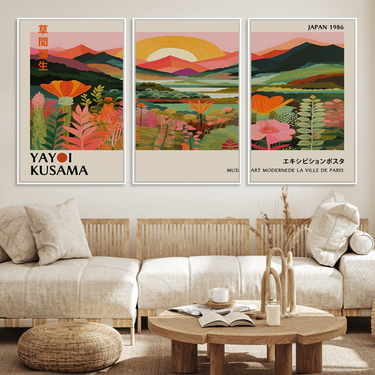 Framed Yayoi Kusama Print, Vibrant Floral Mountain Art