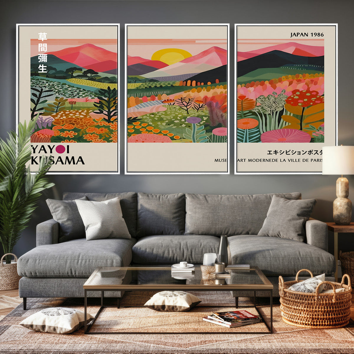 Yayoi Kusama Landscape Canvas Print, Vibrant Floral Mountain Art Print, Framed Botanical Wall Art -