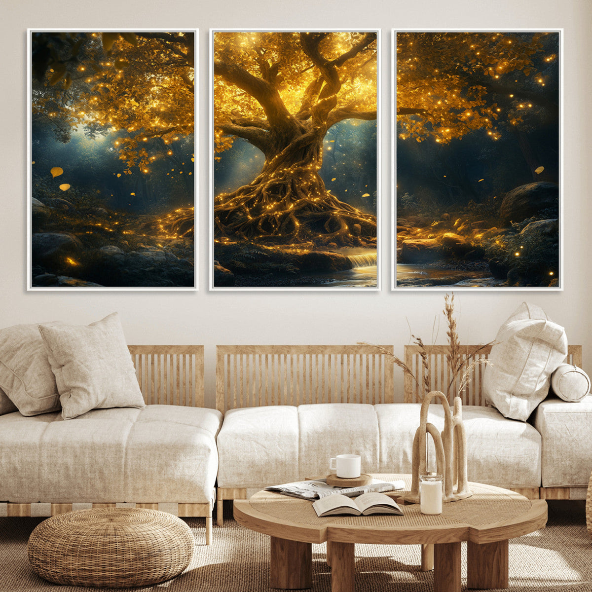 Golden Tree of Life Canvas Wall Art Print - Majestic Glowing