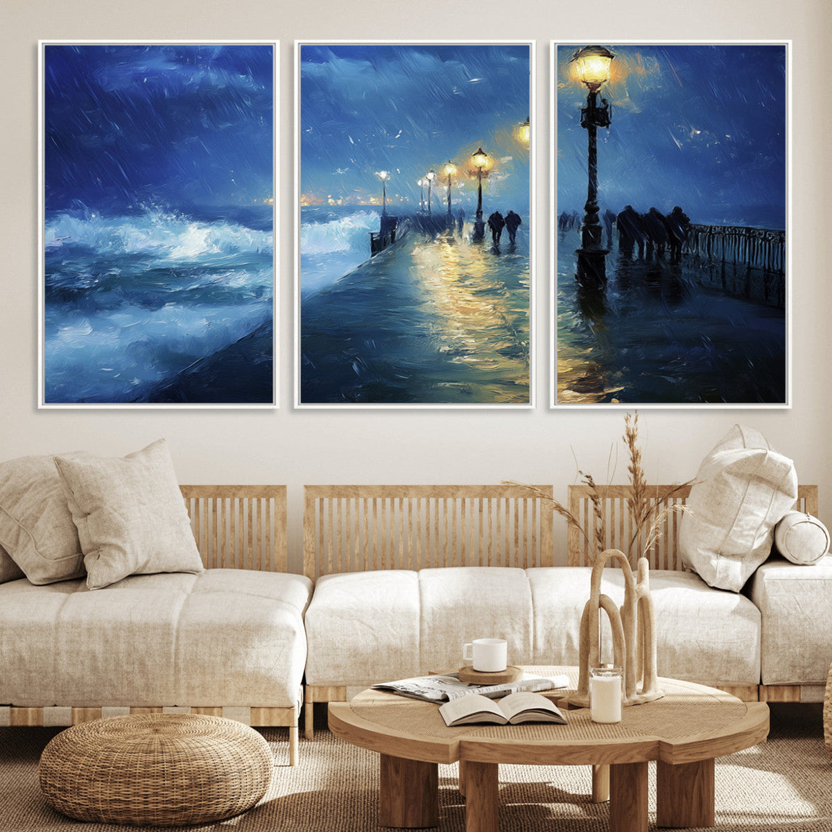 Storm Ocean Pier Canvas Wall Art Print - Large Moody Night