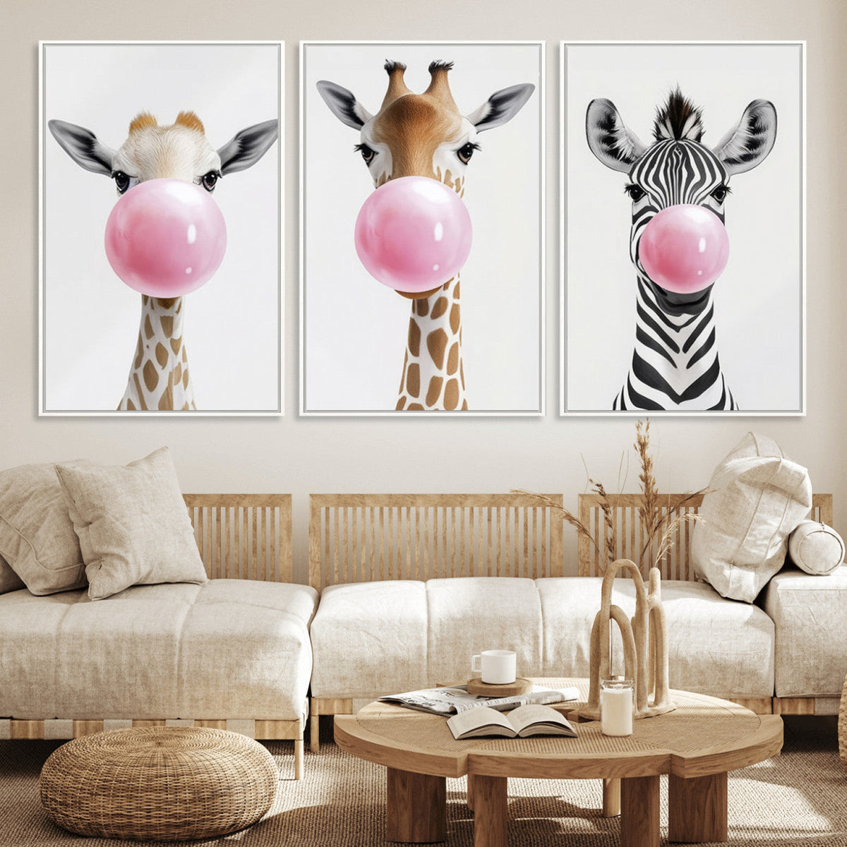 Bubblegum Animals Canvas Wall Art - Playful Giraffe and