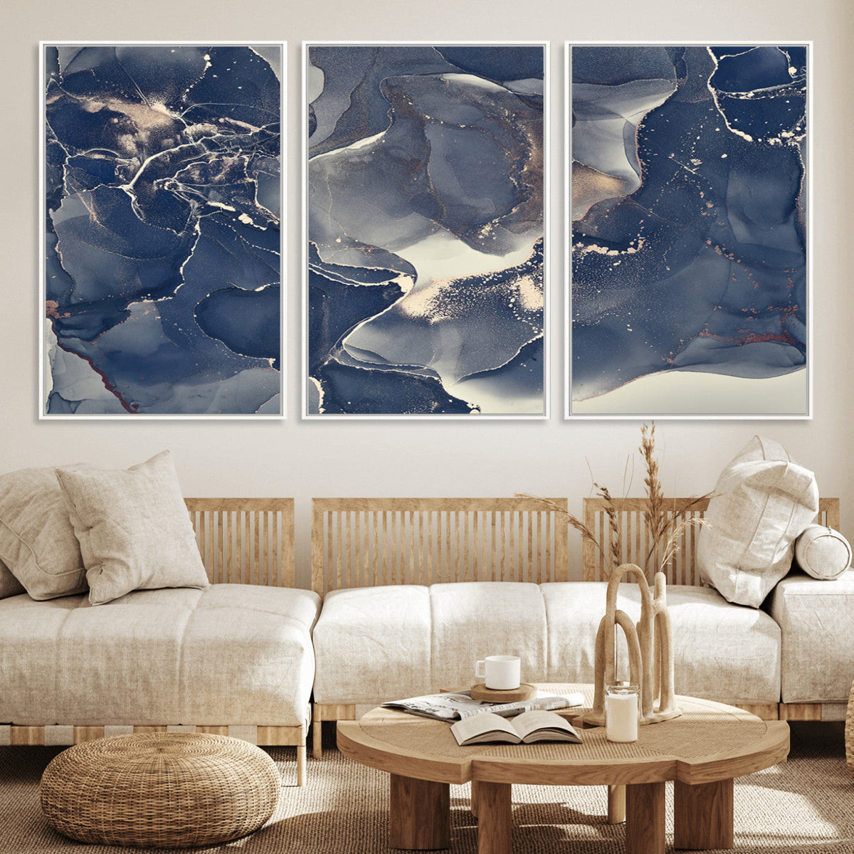 Large Abstract Blue and Gold Canvas Wall Art Fluid Ink