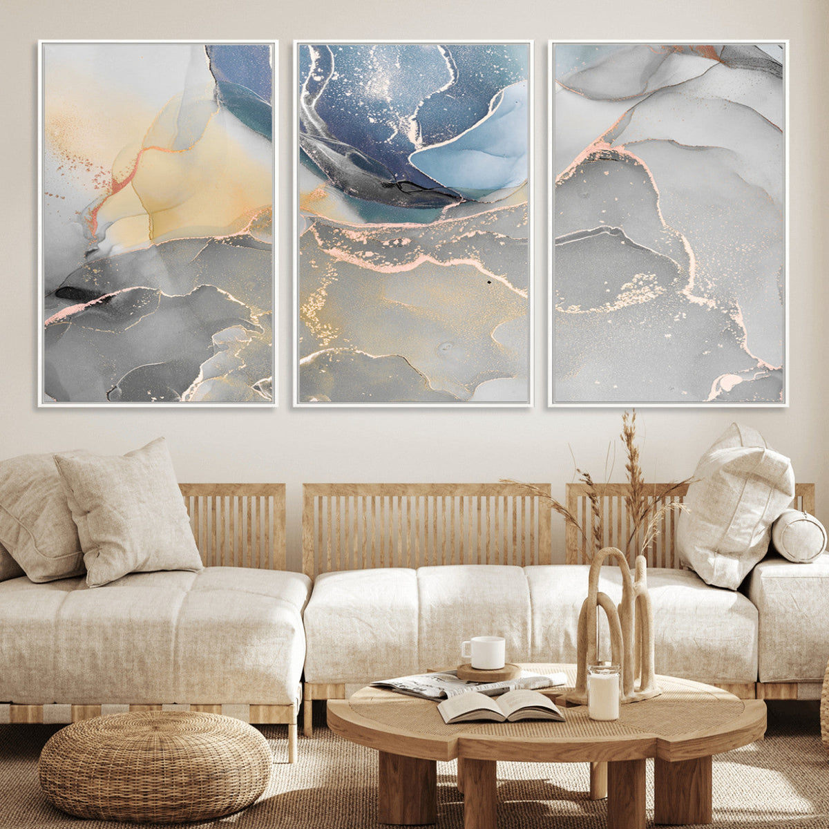 Large Abstract Blue and Gold Canvas Wall Art | Fluid Ink