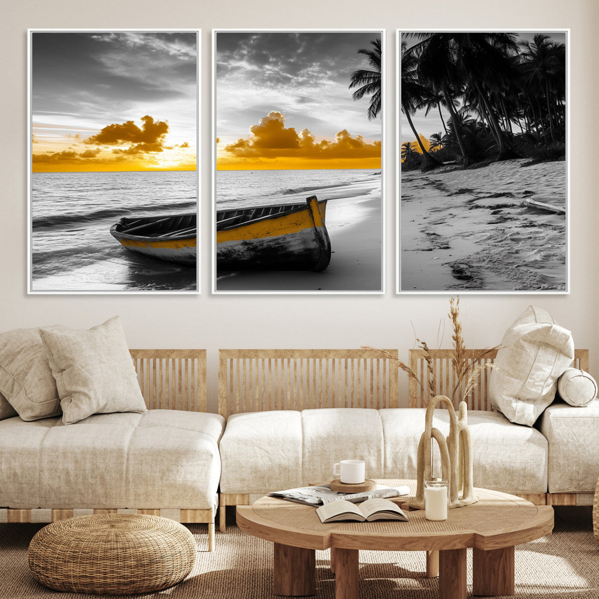 Yellow Rowboat Wall Art – Framed Tropical Shoreline Canvas