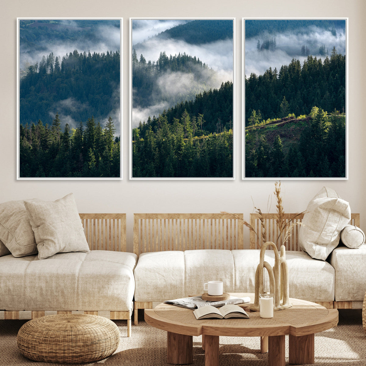 Misty Forest Wall Art Canvas Print, Serene Pine Hills and