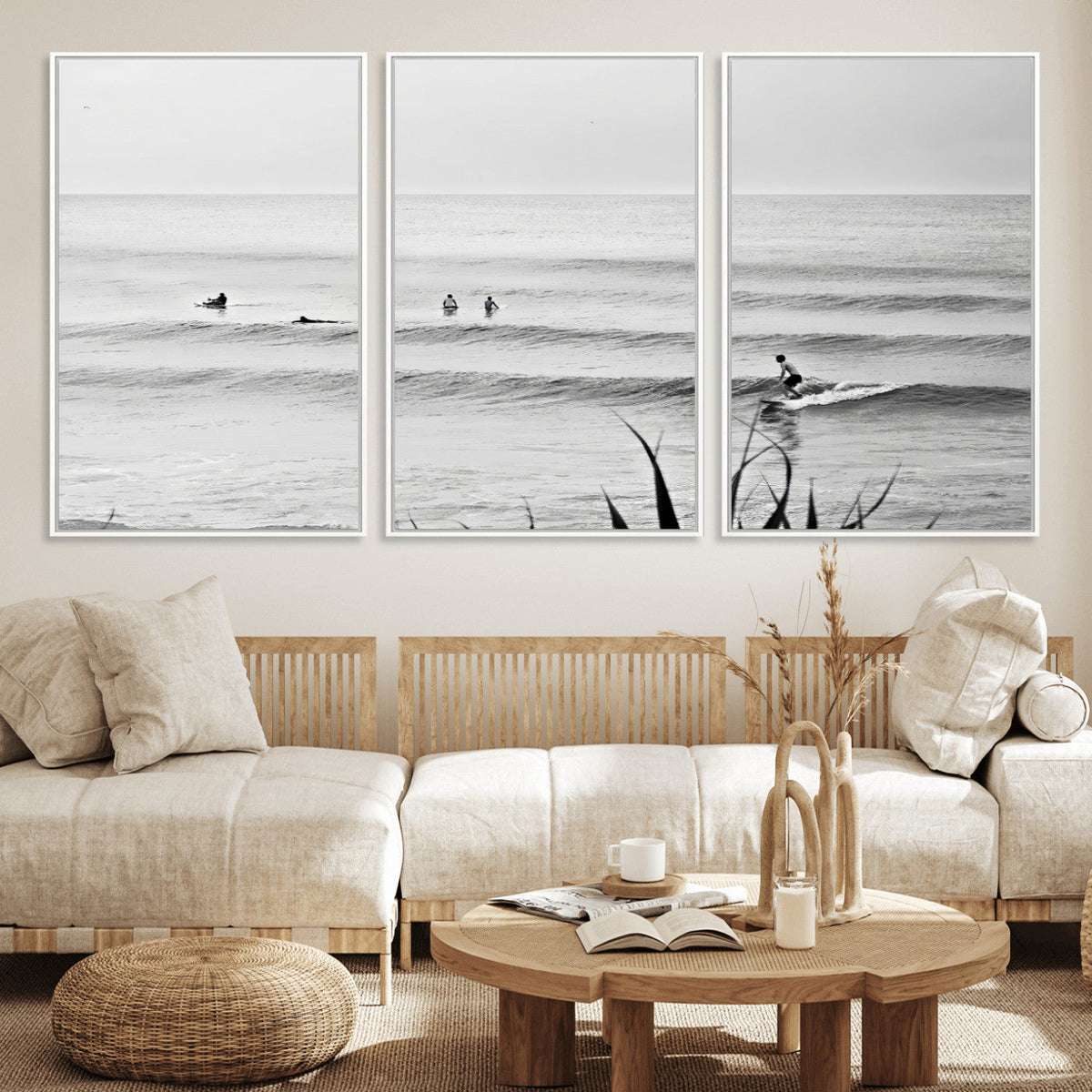 Surfer Silhouette Wall Art – Framed Calm Ocean Canvas