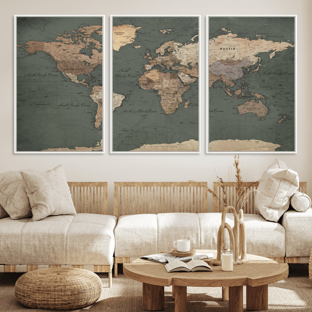 Rustic Black and Wood World Map Canvas Wall Art – Framed