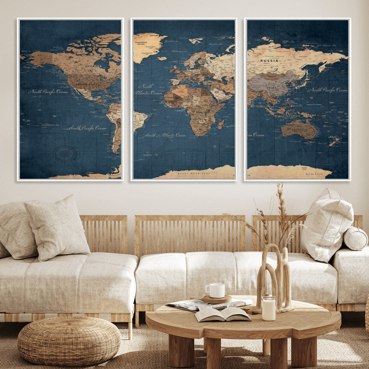 Navy Blue World Map Canvas Print – Framed Travel Map Wall
