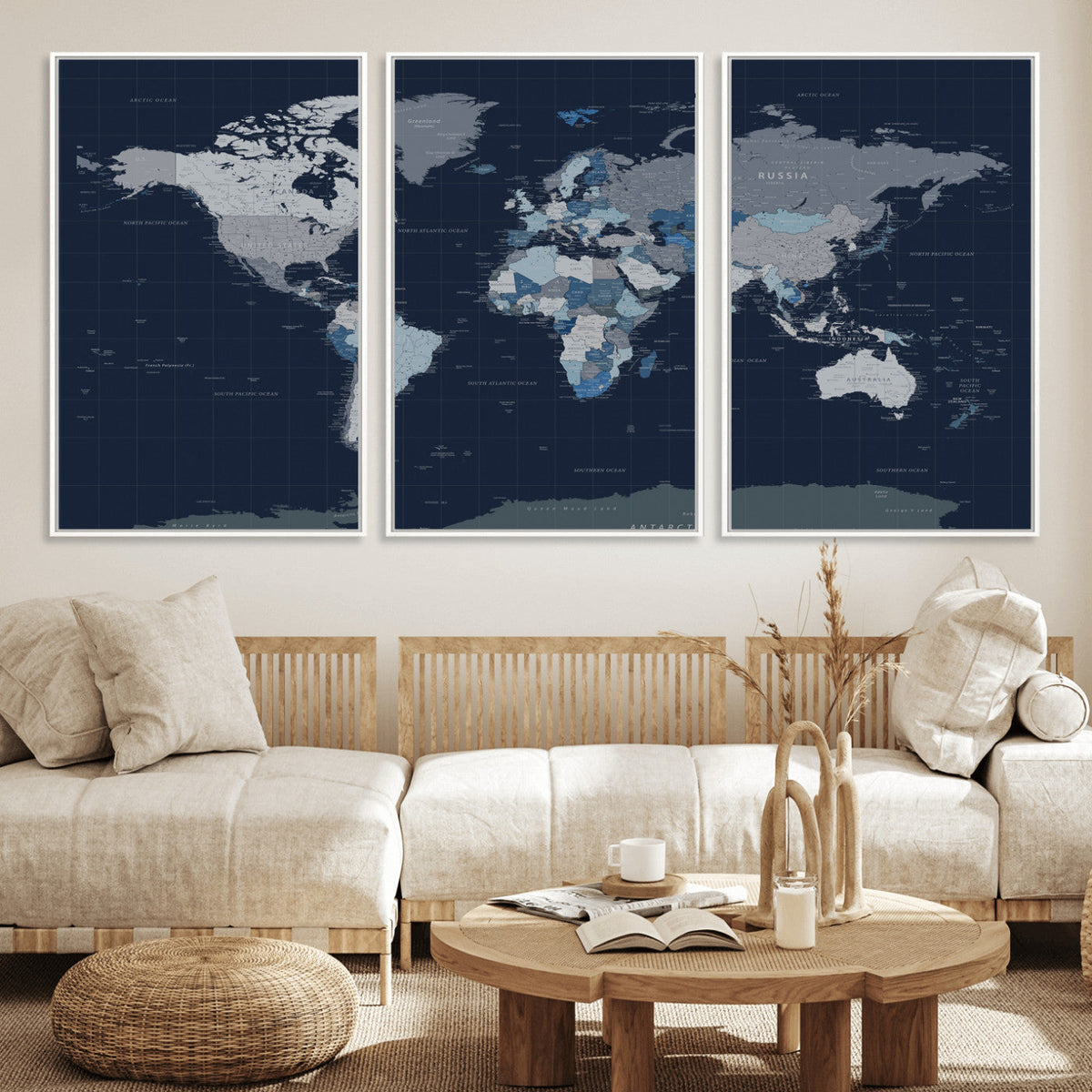 Blue Detailed World Map Wall Art Canvas Print, Modern Framed