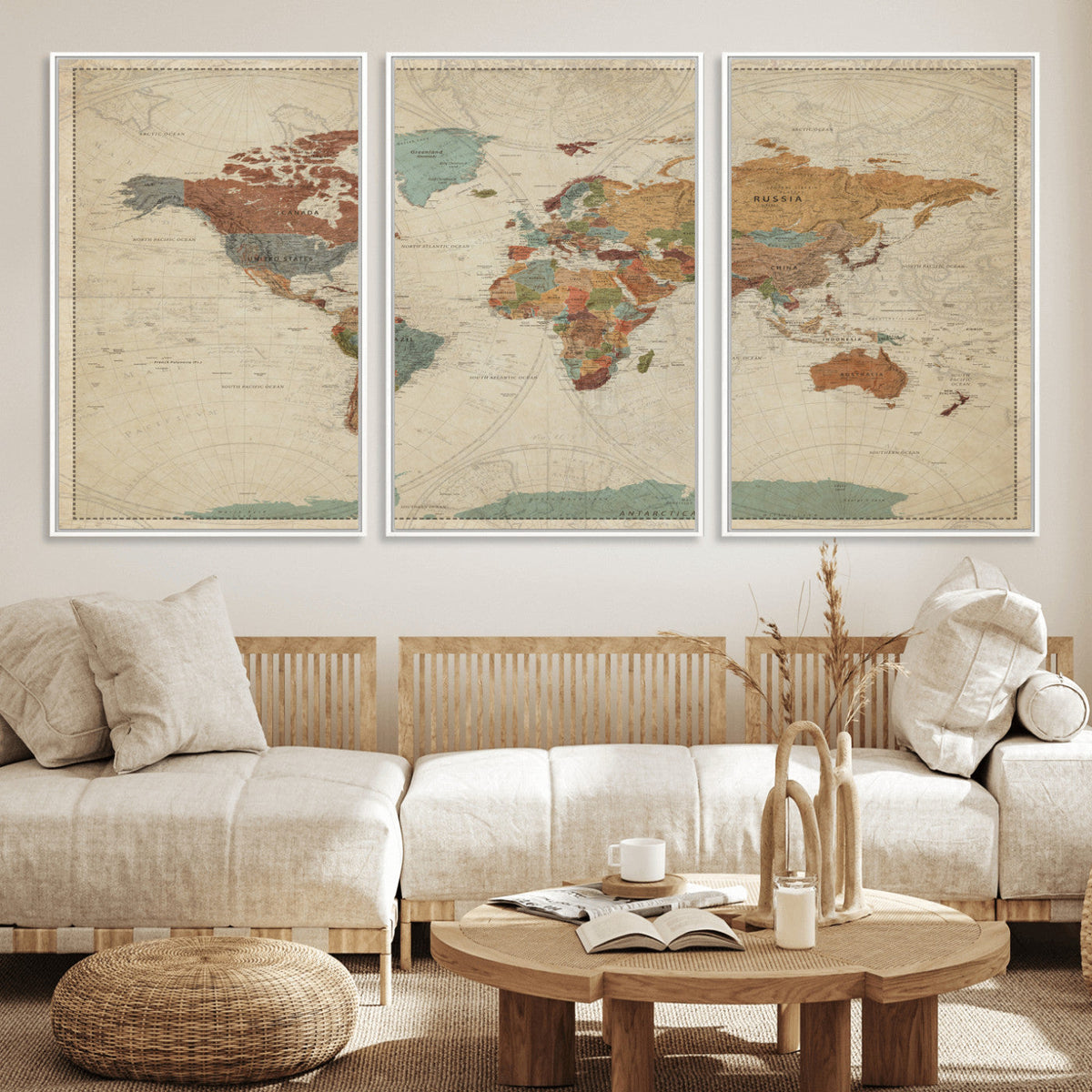 Vintage World Map Canvas Wall Art Print – Framed Modern