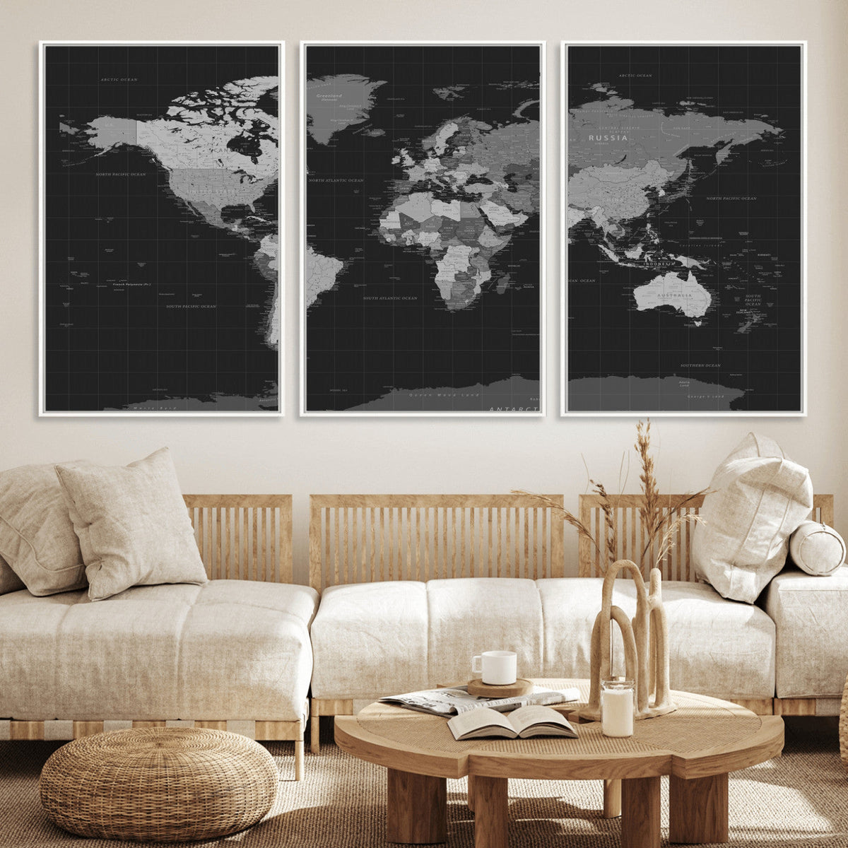 Black World Map Wall Art Canvas Print – Detailed Map of the