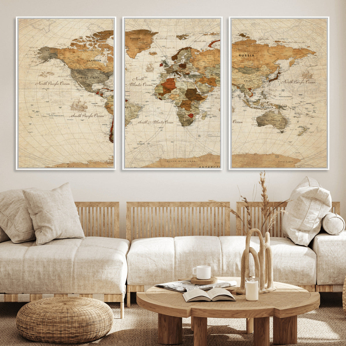 Rustic Vintage World Map Canvas Print – Framed Modern