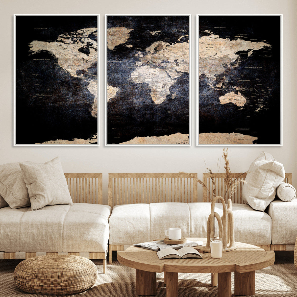 Grunge World Map Wall Art | 3-Panel Large Beige and Brown