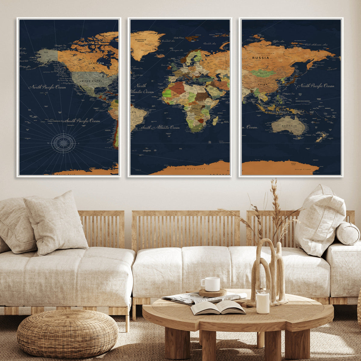 Modern World Map Canvas Print – Framed Detailed Map of the