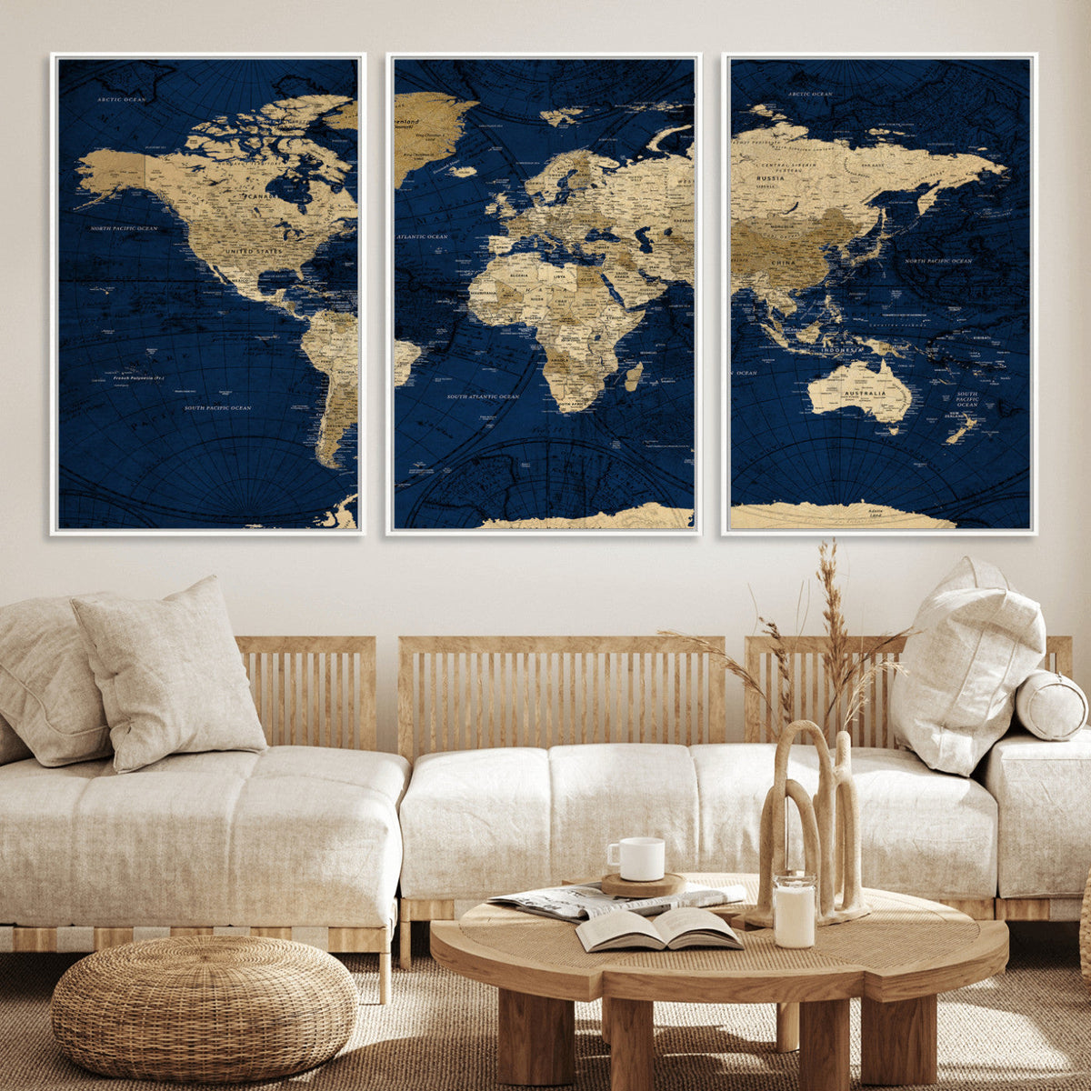 Navy Blue World Map Canvas Print – Detailed Map Minimal Navy