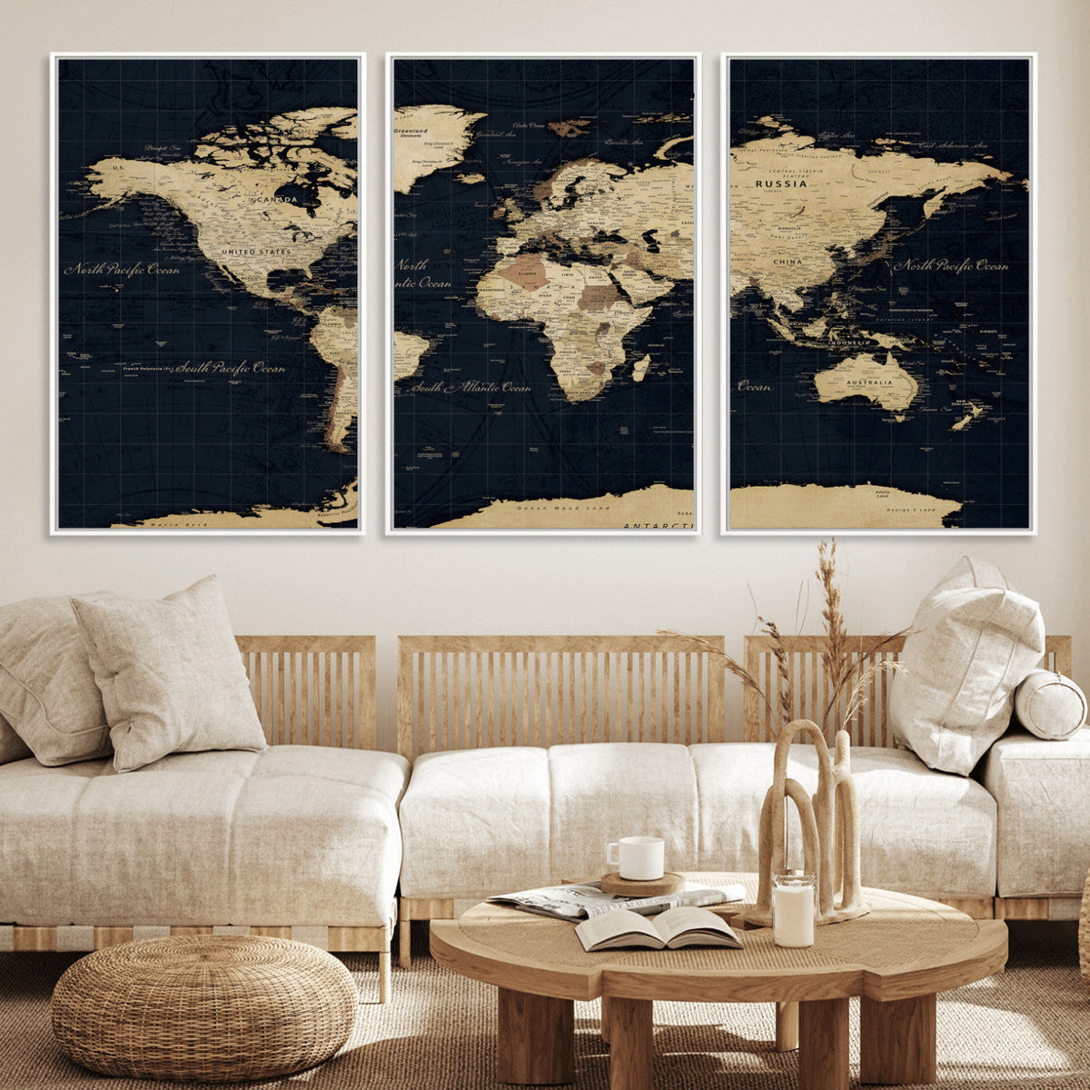 Dark World Map Canvas Wall Art Print, Minimal Black and Gold