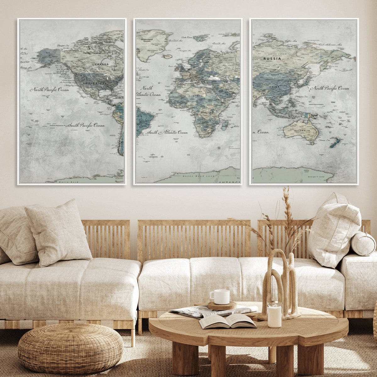 Neutral Vintage World Map Canvas Wall Art Print, Classic Map