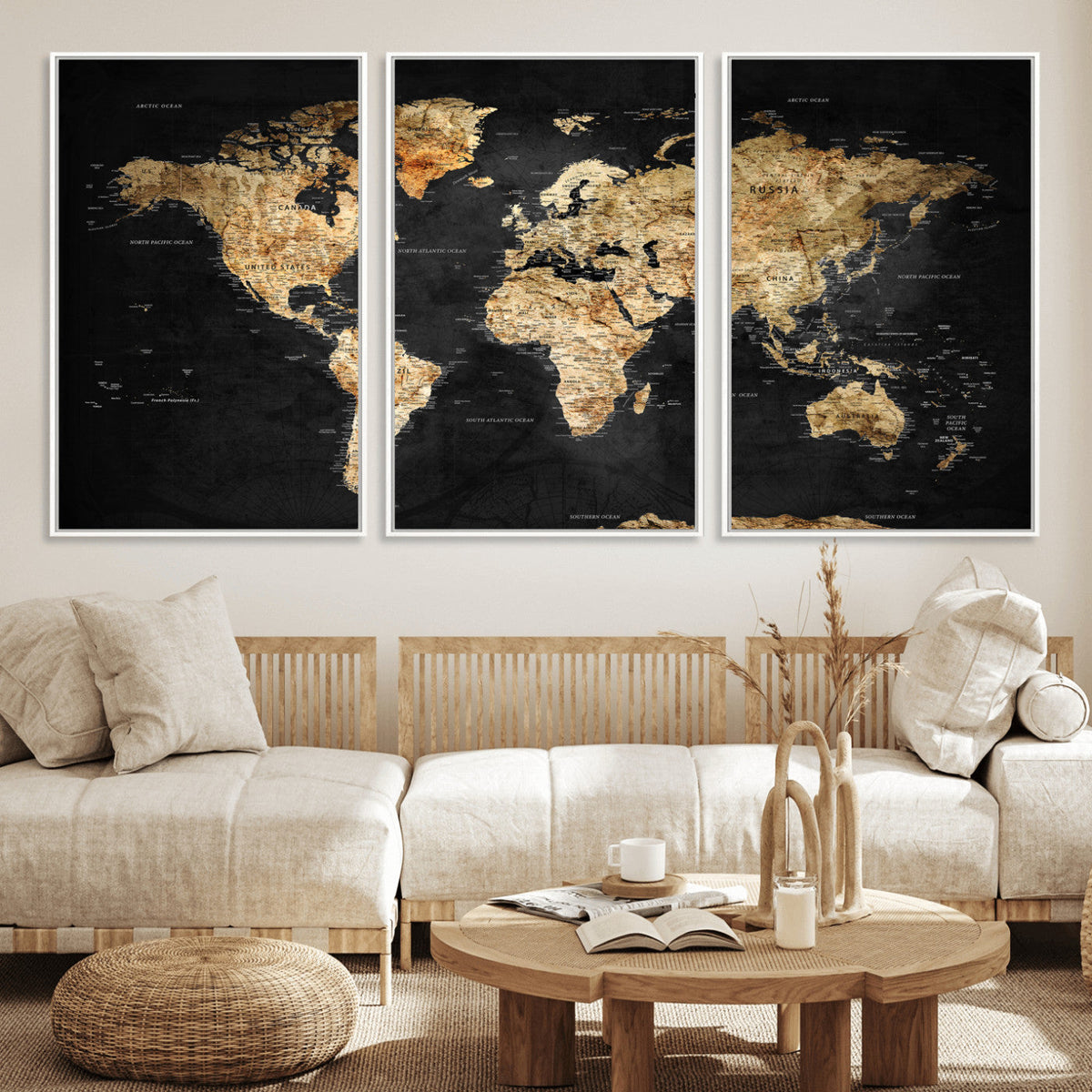 World Map Canvas Wall Art with Famous Landmarks – Framed