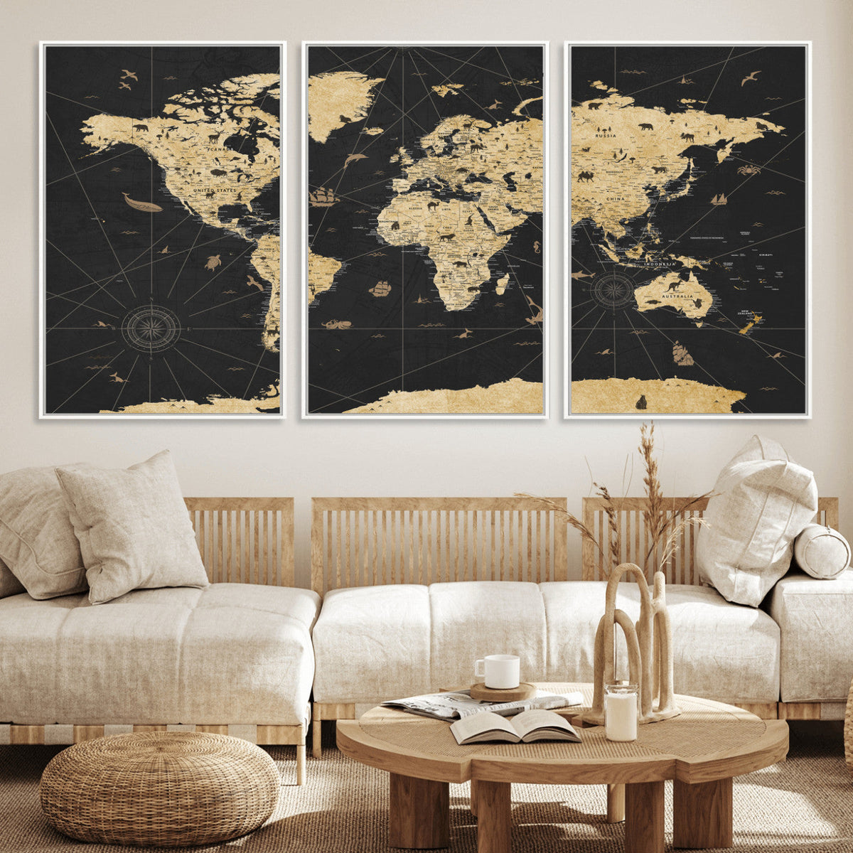Vintage Blue and Brown World Map Canvas Wall Art – Framed