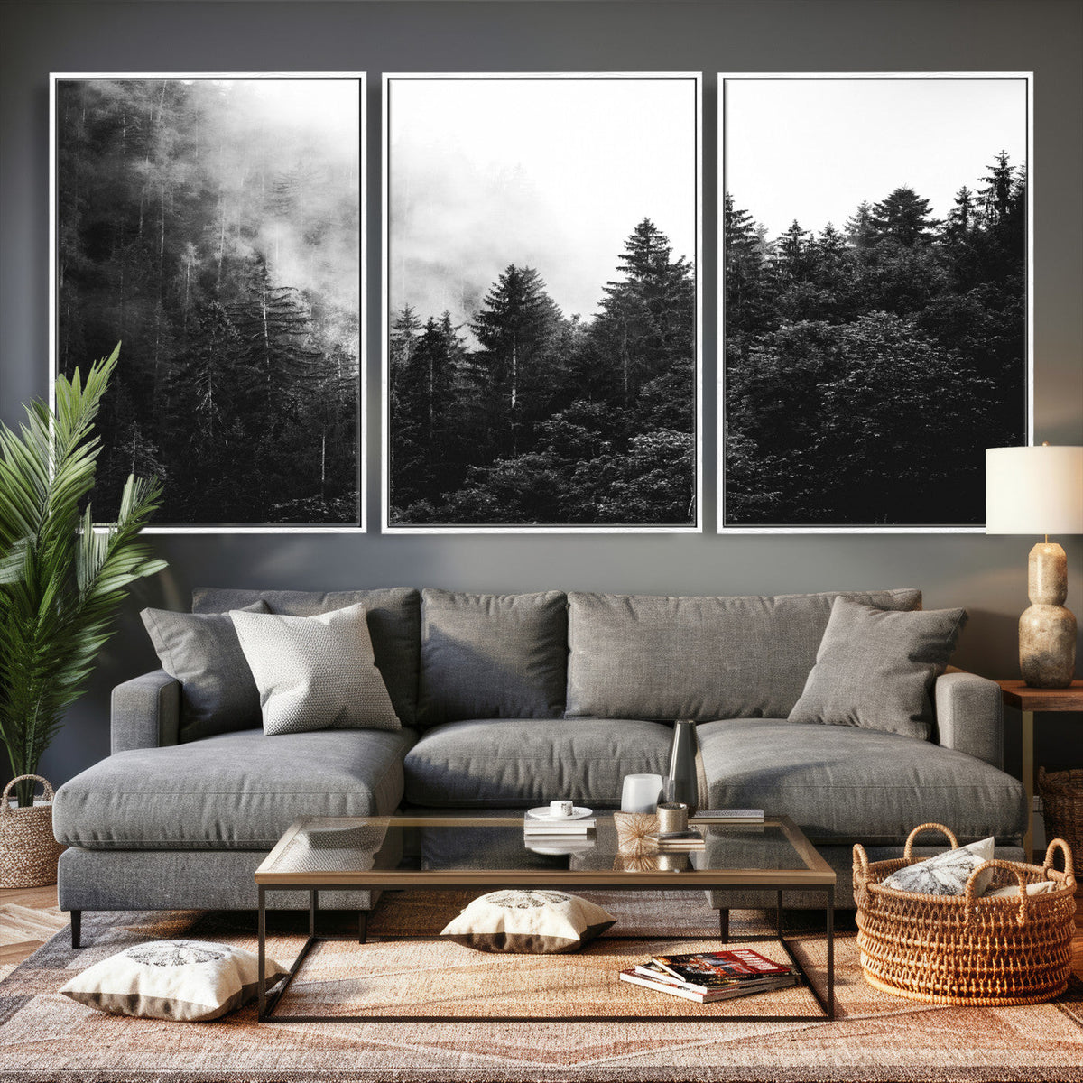 Black White Forest Wall Art Canvas Print, Misty Pine Tree