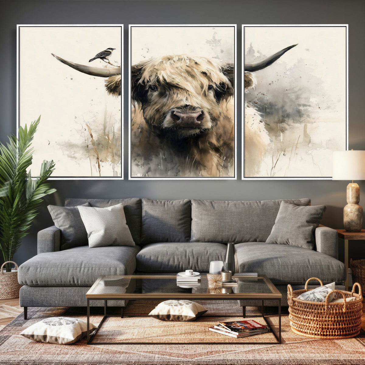 Abstract Highland Cow Wall Art Canvas Print, Rustic Farm