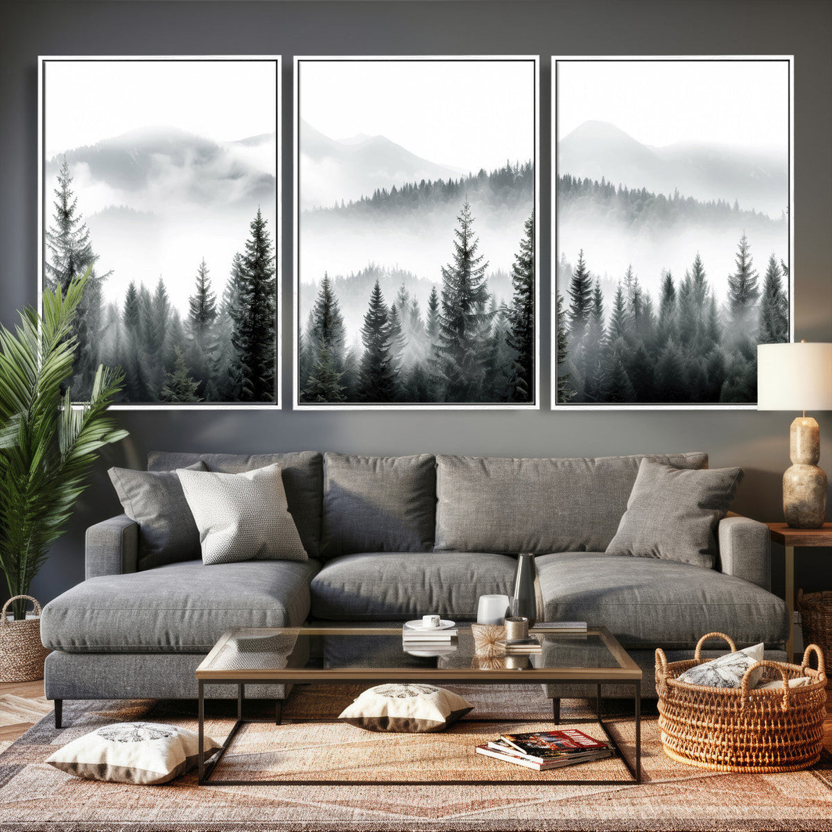 Misty Pine Forest Mountain Landscape Wall Art Canvas Print