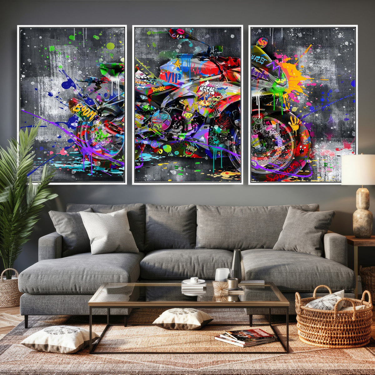 Graffiti Motorcycle Wall Art Canvas Print, Urban Street Art