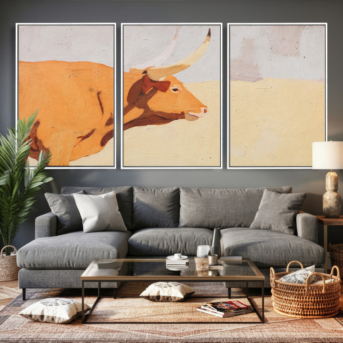 Minimal Longhorn Bull Wall Art Canvas Print, Neutral Western