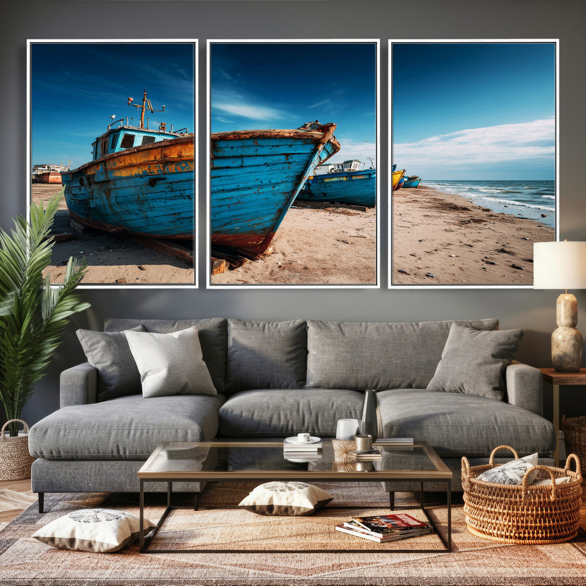 Coastal Fishing Boats Wall Art Canvas Print, Sunset Beach