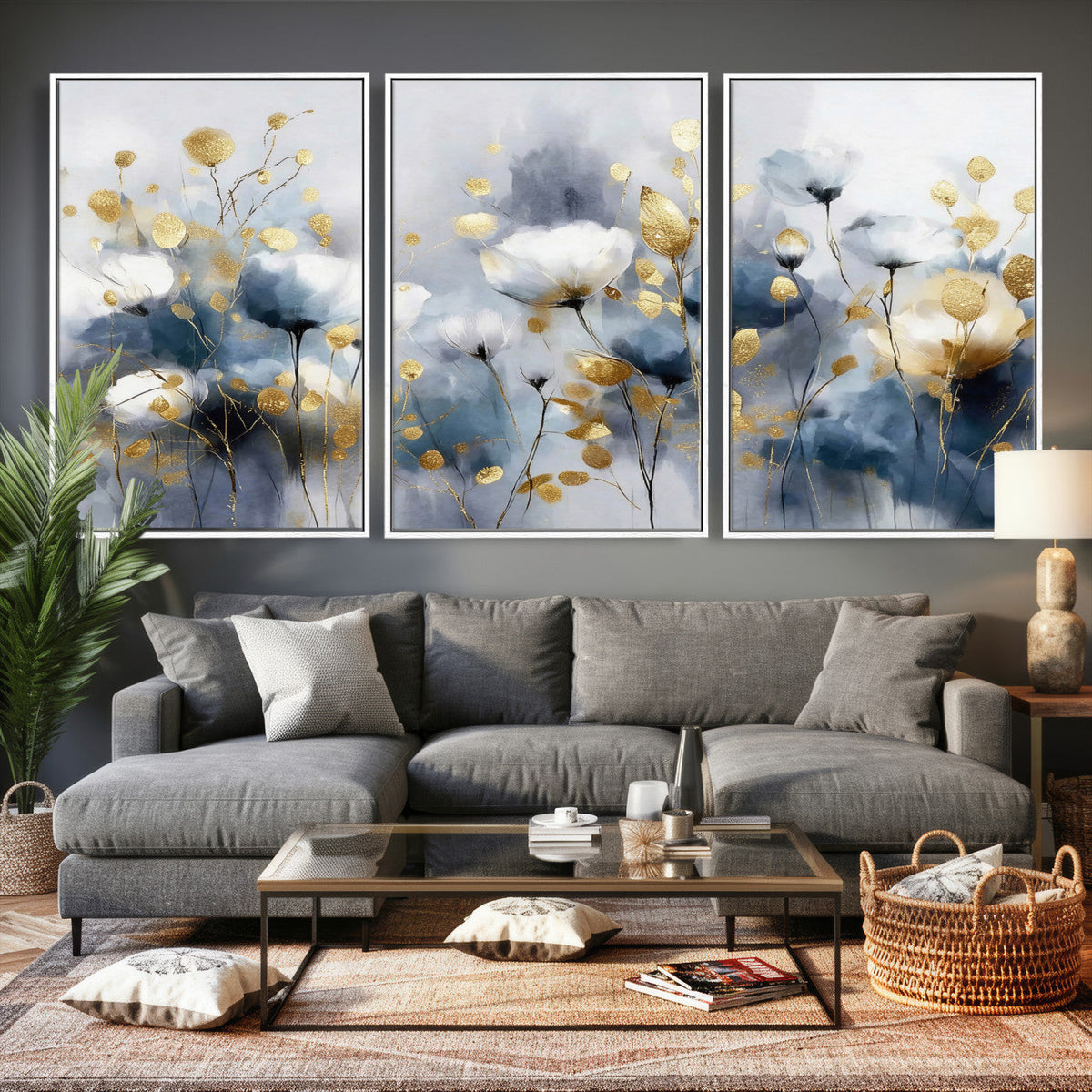 Large Abstract Flowers Wall Art Canvas Print – Gold and Blue