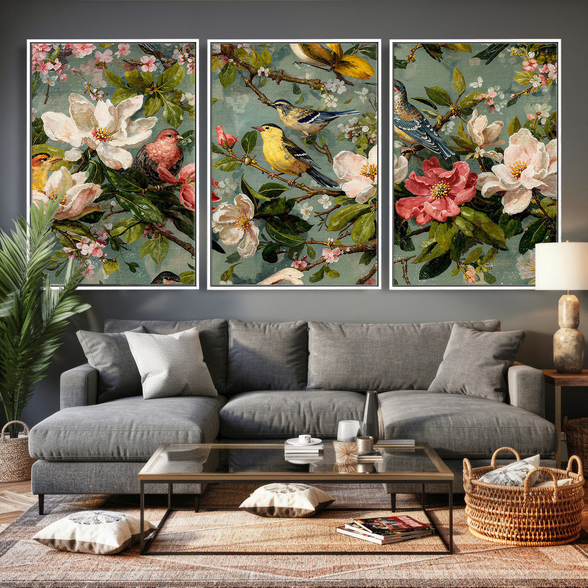 Vintage Birds and Flowers Wide Wall Art: Extra Large