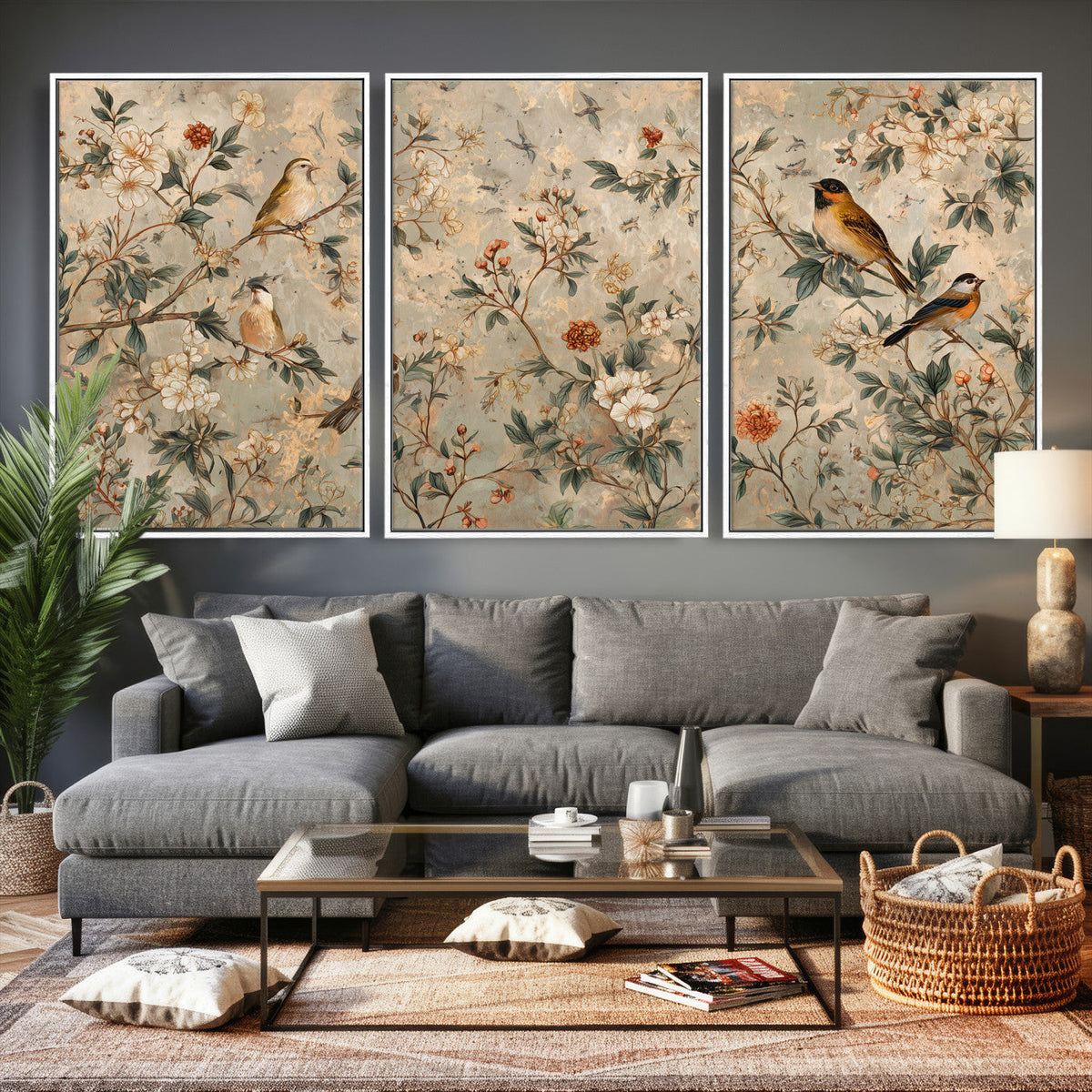 Vintage Birds and Flowers Wall Art Canvas Print, Botanical