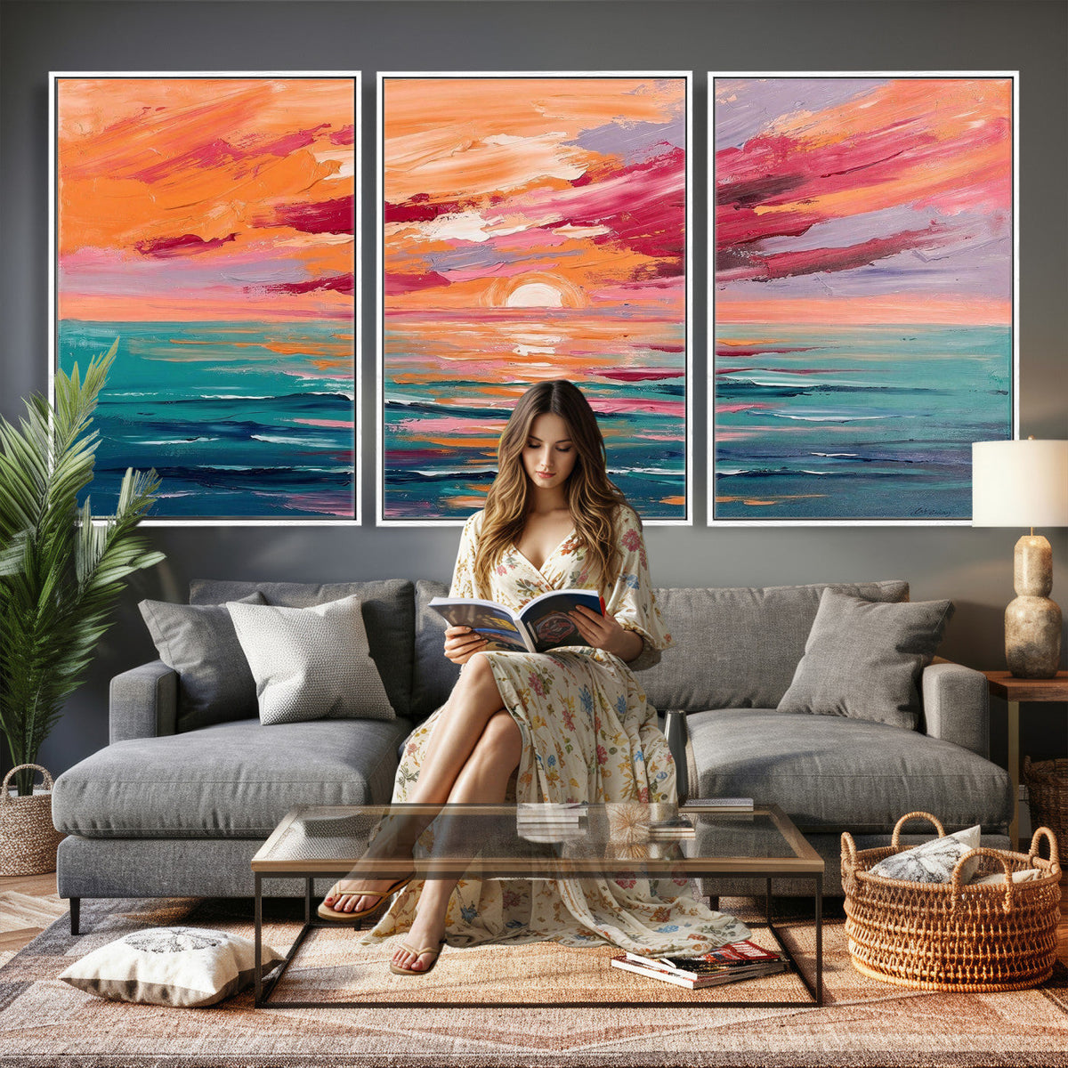 Bold Palette Knife Ocean Sunset Canvas — Orange Pink Teal